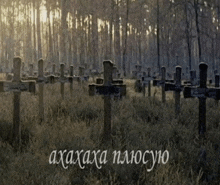 a cemetery with a lot of crosses and the words " ахааха плюсую " written on the bottom