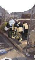 a group of roblox characters are walking down the street