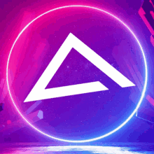 a white triangle in a purple circle