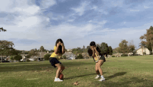 two girls are playing with a soccer ball in a grassy field