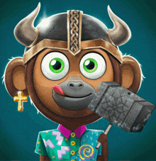 a monkey wearing a viking helmet holds a hammer