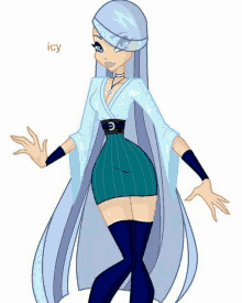 a cartoon girl with long white hair is wearing a blue dress