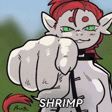 a cartoon drawing of a cat pointing at the viewer with the word shrimp written below it