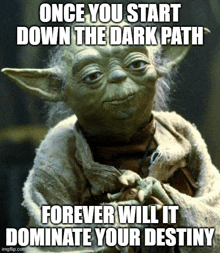 a picture of yoda with the caption " once you start down the dark path "