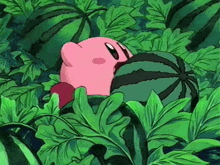 a cartoon character is eating a watermelon in a jungle