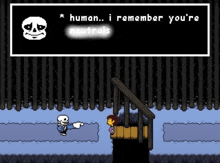 a video game scene with a skeleton pointing at frisk