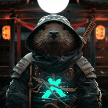 a samurai otter with a glowing x on its chest