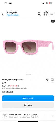 a phone screen shows a pair of pink sunglasses on sale