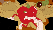 a cartoon drawing of a red apple with arms and legs and an angry face