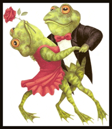 a frog in a tuxedo is dancing with another frog in a dress