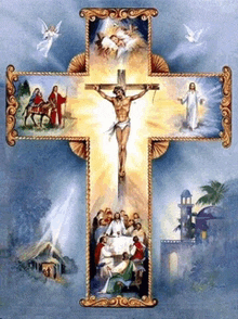 a painting of jesus on the cross surrounded by scenes from the life of jesus