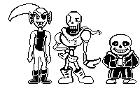 a black and white pixel art of undertale characters , papyrus , and sans .