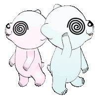 two polar bears are standing next to each other with hypnotic eyes .