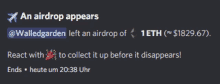 an airdrop appears on walledgarden left an airdrop of 1 eth $ 1829.67 react with to collect it up before it disappears