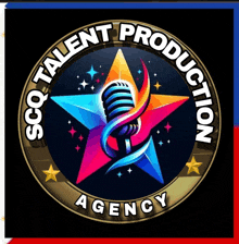 a logo for a talent production agency with a microphone in the center