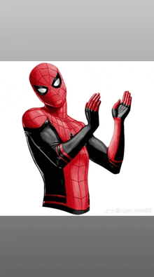 a drawing of a red and black spiderman clapping