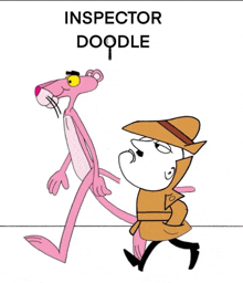 a pink panther and an inspector doodle walking together