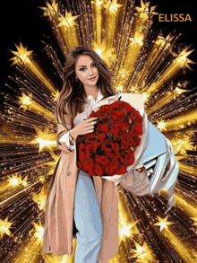 a painting of a woman holding a bouquet of red roses with the name elissa on the bottom