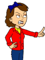 a cartoon woman in a red jacket and blue pants is pointing her finger at something .