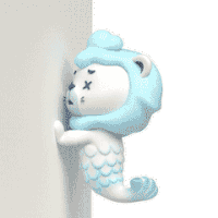 a cartoon character in a blue and white costume is standing next to a wall