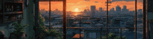 a sunset over a city from a window with a view of the city .