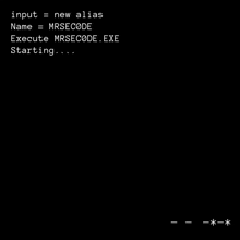 a black screen with white text that says input = new alias name = mrsecode execute mrsecode.exe starting ...