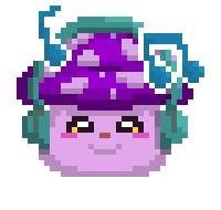 a pixel art of a purple mushroom with headphones