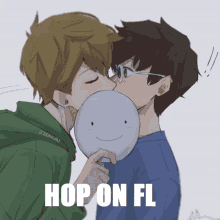 a drawing of two boys kissing with the caption hop on fl above them