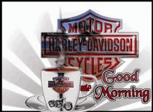 a harley davidson coffee mug with a motorcycle on it is on a saucer with a good morning message .