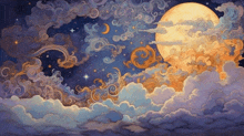 a painting of a full moon in a cloudy night sky