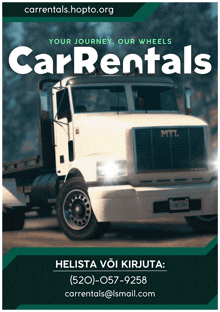 a poster for car rentals shows a white truck on the road