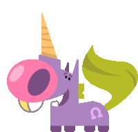 a purple unicorn with a pink bubble gum in its mouth and a green tail