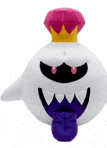 a stuffed ghost with a crown on its head and a purple tongue .