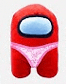 a red among us plush toy with pink underwear on a white background .