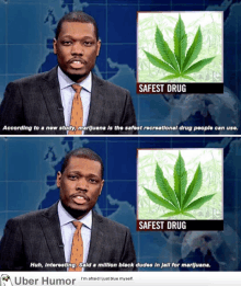 a man in a suit and tie is talking about marijuana and the safest drug