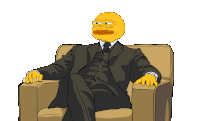 a cartoon of a man in a suit and tie is sitting in a chair