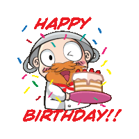 a cartoon of a man holding a birthday cake with the words happy birthday written above him