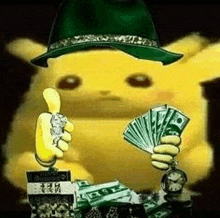 a pikachu wearing a green hat is holding a fan of money .