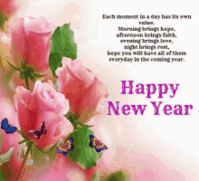 a happy new year card with roses and butterflies