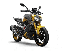 a yellow and black motorcycle on a white background with a reflection in the mirror