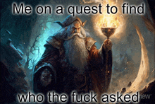 a poster of a wizard holding a torch with the words me on a quest to find who the fuck asked