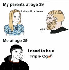 a meme that says my parents at age 29 let 's build a house and me at age 29