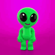 a green alien with black eyes is standing on a purple background .