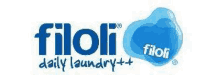 the logo for filoli daily laundry ++ is blue and white with a blue circle in the middle .