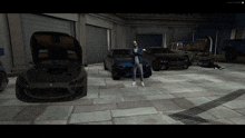 a man stands in front of a blue car with the hood up in a video game