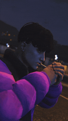 a man wearing a purple jacket is smoking a cigarette