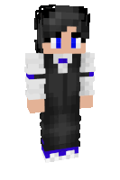 a minecraft character with black hair and blue eyes is wearing overalls