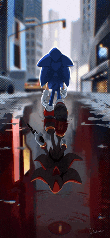 sonic the hedgehog and shadow the hedgehog are walking down the street