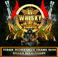 a poster for w whisky shows a skull holding two guns