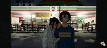 two people are standing in front of a 7 eleven with a sign that says three coffee